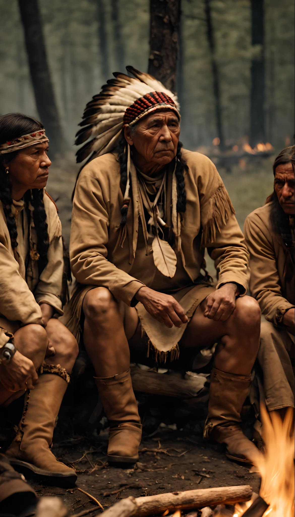 masterpiece, best quality, a group of inland American Indian tribes gathered for a meeting in the middle of a campfire,, serious face, realistic, looks real, cinematic, scrathes, full body, face expression clear