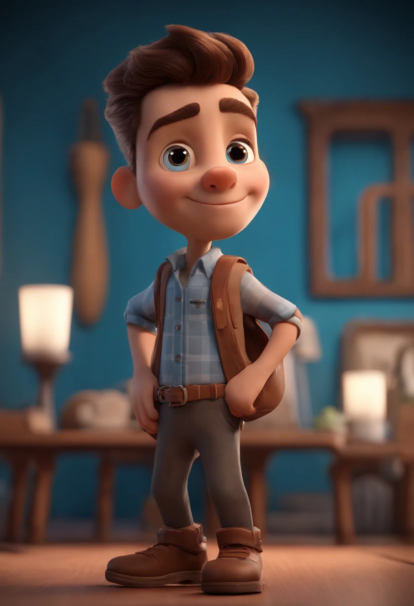 personagem dos desenhos animados de um menino de 7 anos, olhos castanhos,  usando camisa azul, animation character, Caractere estilizado, animation style rendering, 3D estilizado, Arnold Maya render, 3 d render stylized, toon render keyshot, Personagem 3D, Personagem 3D, 3d rendering stylized, 3 d character render, personagem de desenho animado, Personagem de close up, Pose de personagem,  (Estilo Pixar) (master part:1.2) (Bokeh) (best quality) (pele detalhada) (textura detalhada) (8k) (argila) (Cinematic lighting) (foco nítido