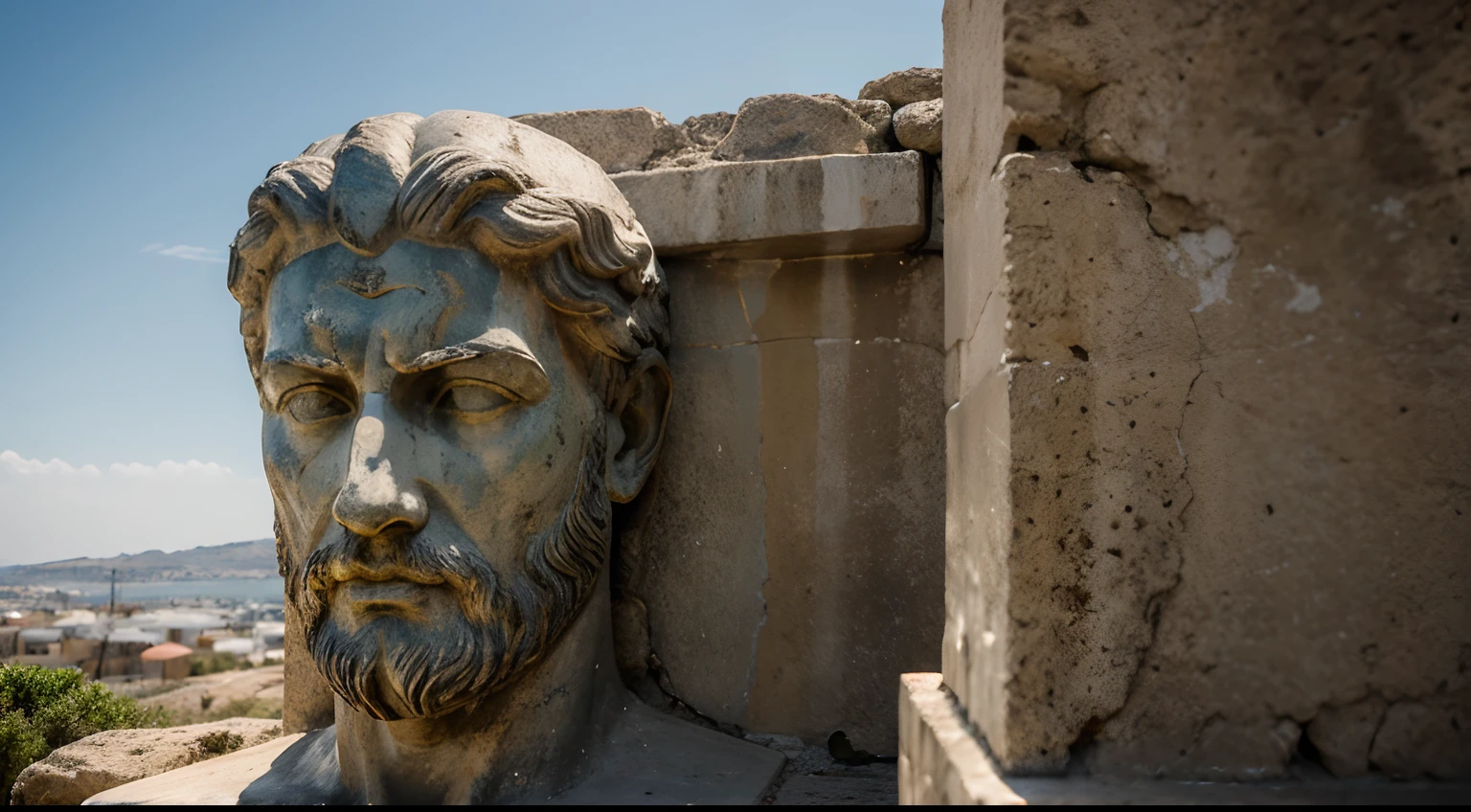 Ancient Stoic Statue With Very Angry Expression, tem barba, muitos detalhes em ambos os olhos, Outside, fundo atenas grego, open sky, com rosto extremamente detalhado full body view, Colors with low saturation with dark tone, Filmado em Sony A7S III com Sony FE 35mm f/1.8, 12.1 MP, --AR 3:2 --estilo cru