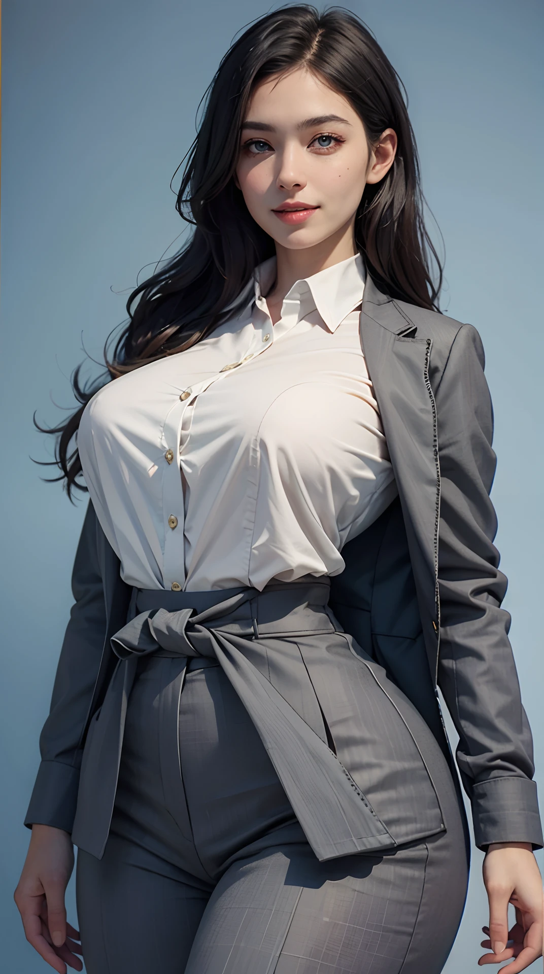 (best quality, 4k, 8k, high-res, masterpiece:1.2), ultra-detailed, (realistic, photorealistic, photo-realistic:1.37), (beautiful detailed eyes, beautiful detailed lips, extremely detailed eyes and face), studio lighting, physically-based rendering, vivid colors, (big tits, super big tits, super extra big tits:-0.2), ((waist)), (business tailored suit, business shirt:1.5), (portrait, smile and laugh), (sharpness:-0.4), (contrasting color background:1.5),