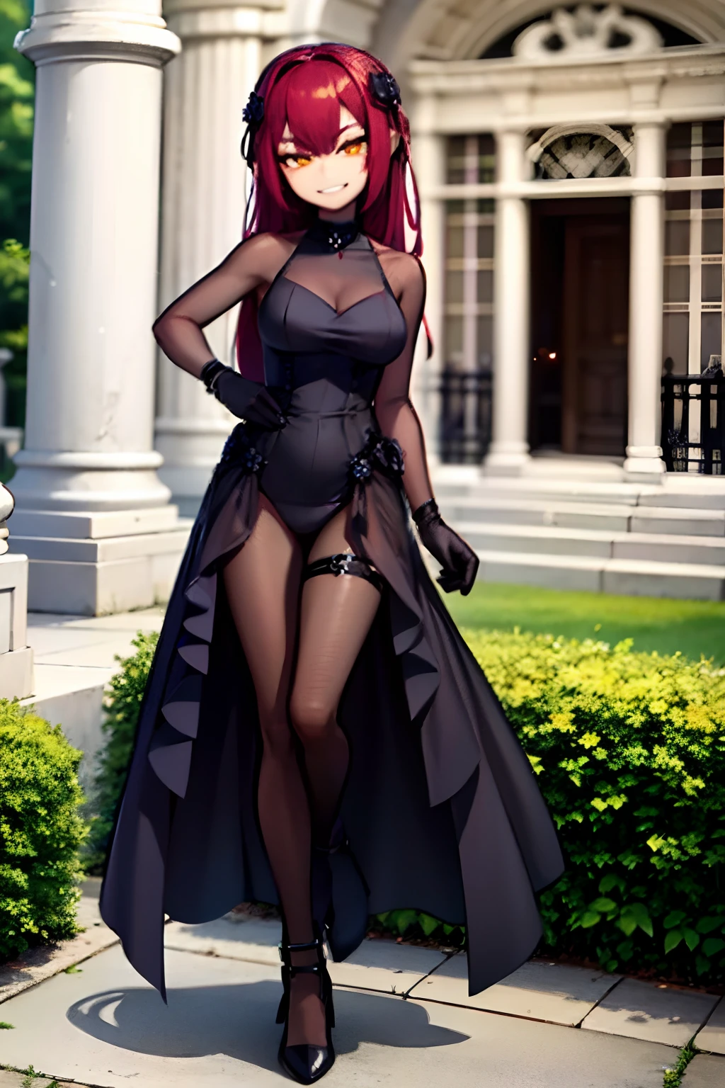 young girl, red hair, wearing a vitorian black dress, smilingm, in a cemetery, cercated to mannequins, inexpressive face, bored face, great eyes, yellow eyes, night, 4k