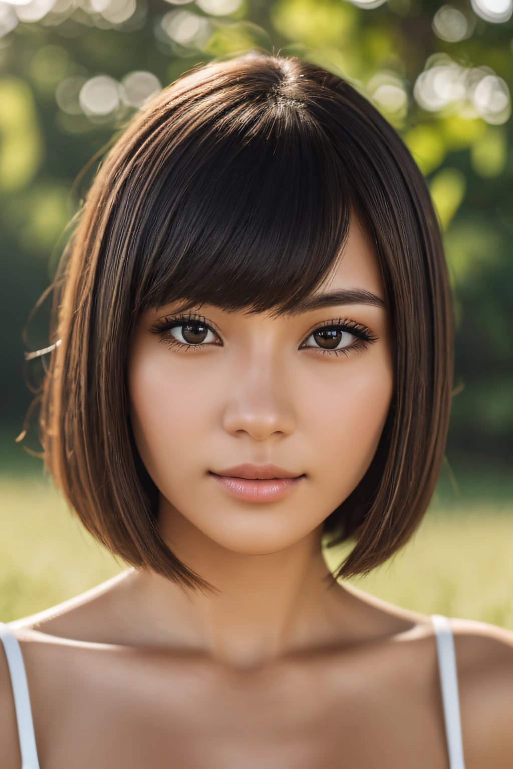 Photo of a South American woman in her late 20s, raw, Beautiful woman, (Light brown hair), Loose and fluffy bob cut Black eyes ((Portrait)), ((Detailed face:1.2)), ((detailed facial features)), (finely detailed skin), pale skin, , (cold color), moist, moist, Reflectors, (masutepiece) (perfectly proportions)(photos realistic)(Best Quality) (Detailed) photographed in a Canon EOS R5, 50mm Lens, F/2.8, nffsw, (8K) (foco nítido) clothed、(Photo Real:1.4)、(hyper realisitic:1.4)、(realisitic:1.3)、 (Smoother lighting:1.05)、(Improved lighting quality in movies:0.9)、32K、 girl with、Realistic lighting、back lighting、Facial light、raytrace、(Brightening light:1.2)、(Increase quality:1.4)、 (Top quality real texture skins)、finely eye、finerly detailed face、glowy skin Traditional costumes grass field