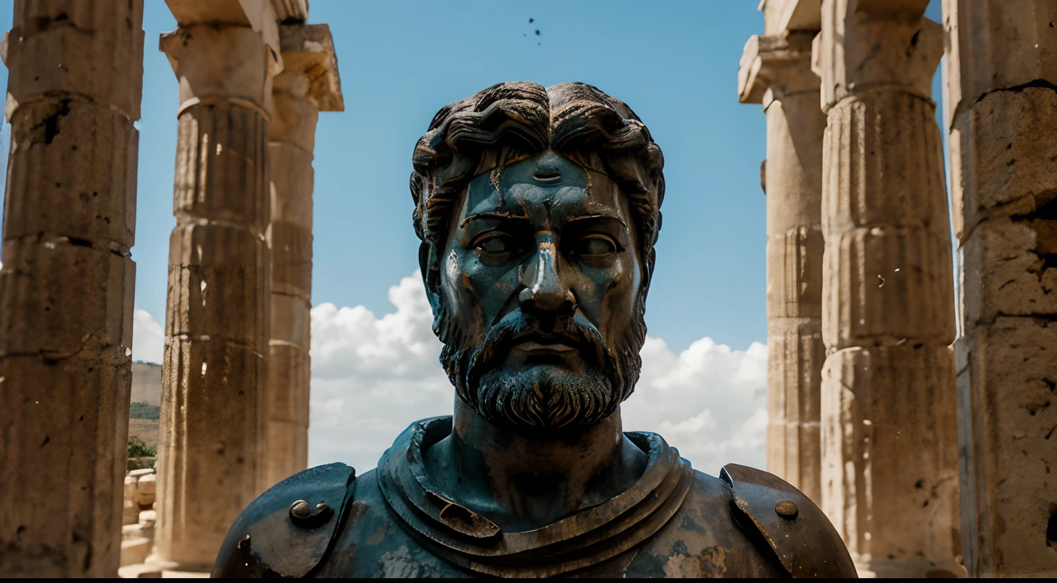 Ancient Stoic Statue With Very Angry Expression, tem barba, muitos detalhes em ambos os olhos, Outside, fundo atenas grego, open sky, com rosto extremamente detalhado full body view, Colors with low saturation with dark tone, Filmado em Sony A7S III com Sony FE 35mm f/1.8, 12.1 MP, --AR 3:2 --estilo cru