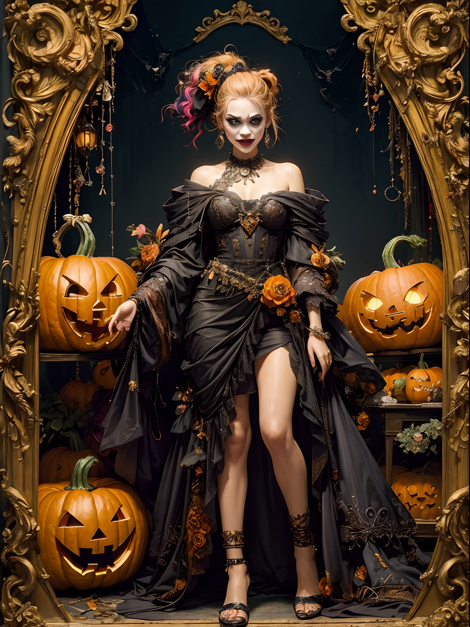 (masterpiece, top quality, best quality, official art, beautiful and aesthetic:1.8), (1girl:1.3), extremely detailed, (colorful:1.5), (20 years old), ((lots of halloween pumpkins around)), highest detailed,(zentangle:1.4), full body, (cloud halloween background), (shiny skin), (lots of halloween pumpkins), (super detailed anatomi), (super detailed face), (Halloween theme), (pumpkin skin skirt), (pumpkin skin), (pumpkin skin clothes), (into the big pumpkin), (scary joker beauty makeover), (((most unique costume))), (dark lighting),