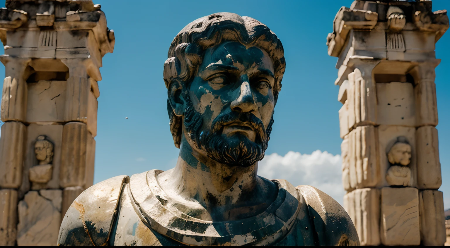 Ancient Stoic Statue With Very Angry Expression, tem barba, muitos detalhes em ambos os olhos, Outside, fundo atenas grego, open sky, com rosto extremamente detalhado full body view, Colors with low saturation with dark tone, Filmado em Sony A7S III com Sony FE 35mm f/1.8, 12.1 MP, --AR 3:2 --estilo cru