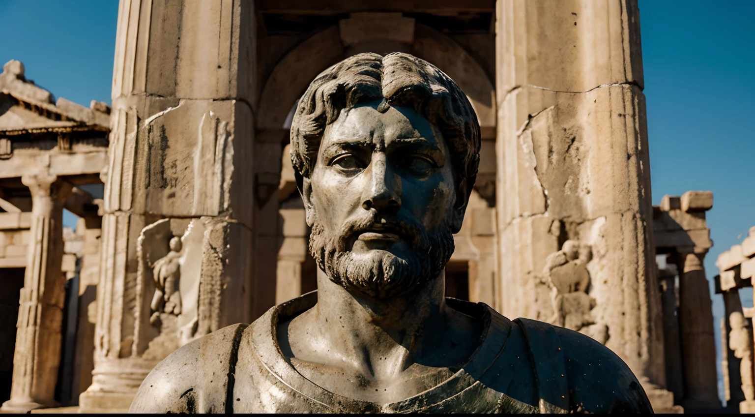 Ancient Stoic Statue With Very Angry Expression, tem barba, muitos detalhes em ambos os olhos, Outside, fundo atenas grego, open sky, com rosto extremamente detalhado full body view, Colors with low saturation with dark tone, Filmado em Sony A7S III com Sony FE 35mm f/1.8, 12.1 MP, --AR 3:2 --estilo cru