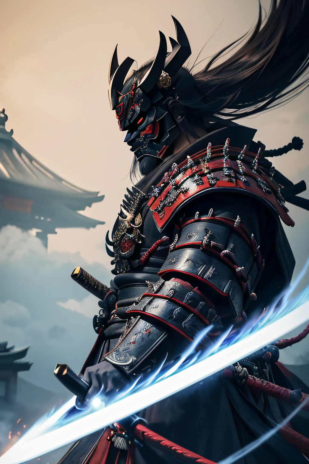 (demon samurai)、(Demon Mask)、独奏、Like the whole body、(Armed with a long and large Japan sword)、facing front,magnificent artwork、((Kyoto panel painting style))、Wind-effect:1.9、Cloud Effects:1.2、Blue and black armor、Full Rendering、Encaustic Painting、unrealengine、