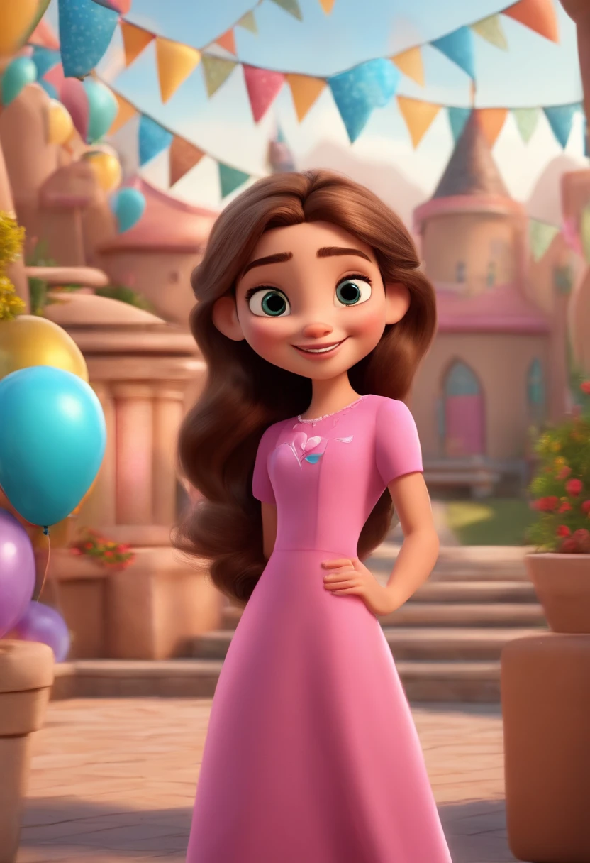 3D Disney Pixar, cute girl, light brunette, straight hair with a ponytail, with a pink dress and behind a Happy birthday party with the text “GUPALU”