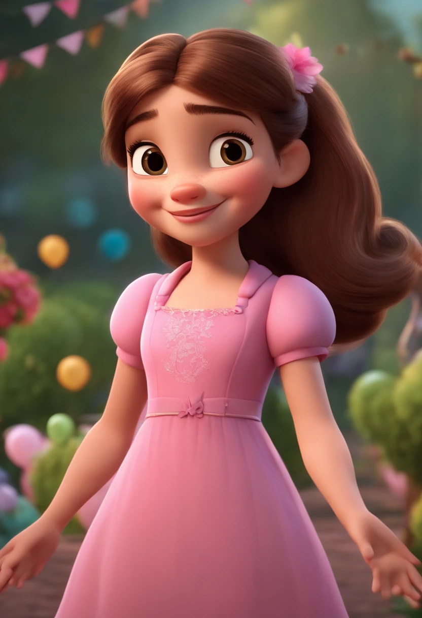 3D Disney Pixar, cute girl, light brunette, straight hair with a ponytail, with a pink dress and behind a Happy birthday party with the text “GUPALU”