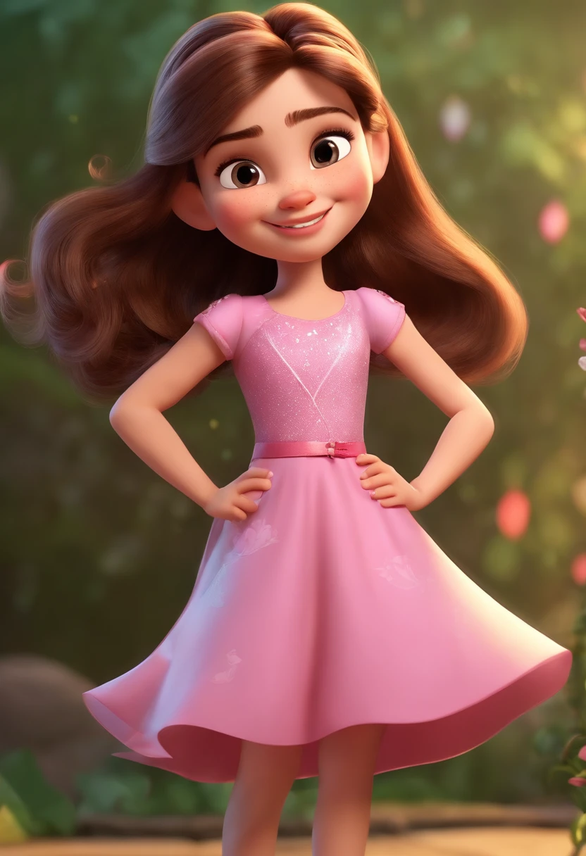 3D Disney Pixar, cute girl, light brunette, straight hair with a ponytail, with a pink dress and behind a Happy birthday party with the text “GUPALU”