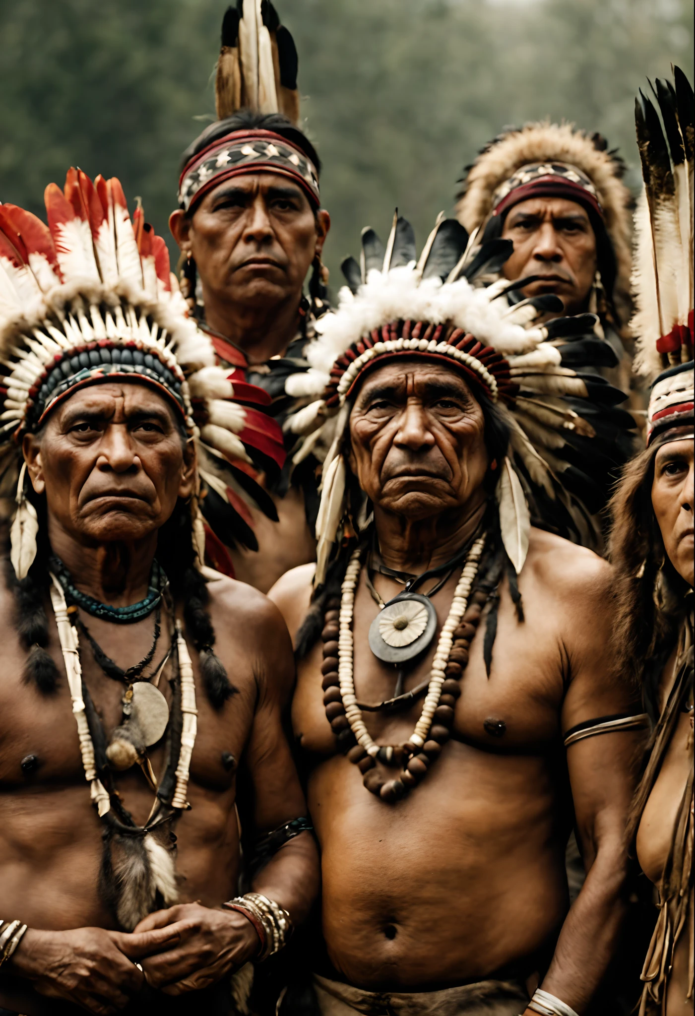 masterpiece, best quality, A group of America's most famous Indian tribes are gathered looking at the camera, serious face, realistic, looks real, cinematic, scrathes, full body, face expression clear
