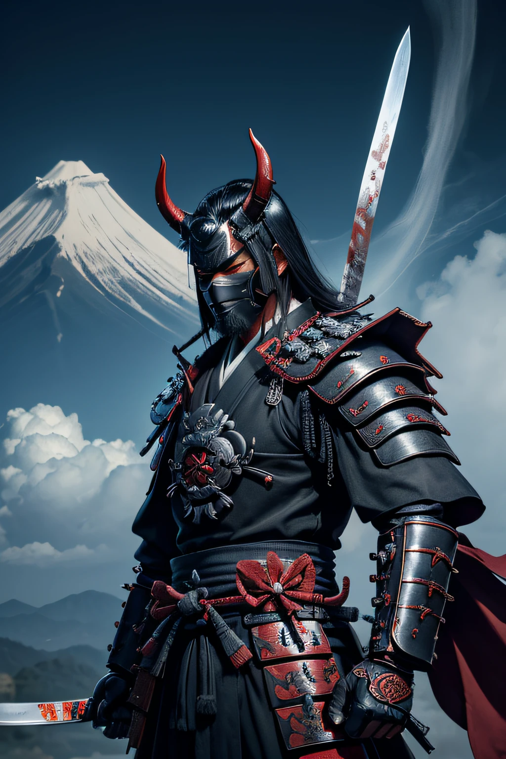 (demon samurai)、(Demon Mask)、独奏、Like the whole body、(Armed with a long and large Japan sword)、facing front,magnificent artwork、((Kyoto panel painting style))、Wind-effect:1.9、Cloud Effects:1.2、Blue and black armor、Full Rendering、Encaustic Painting、unrealengine、