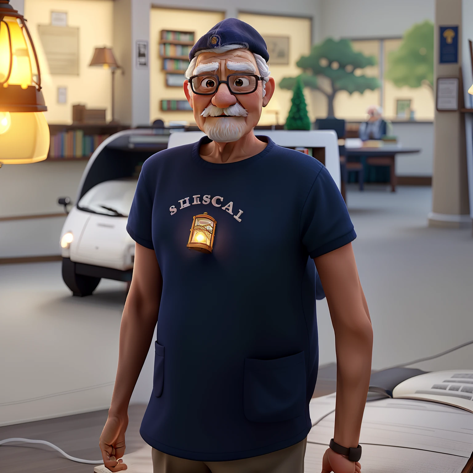 A wise old man standing in front, illuminated by the light of a lamp, against the backdrop of a library