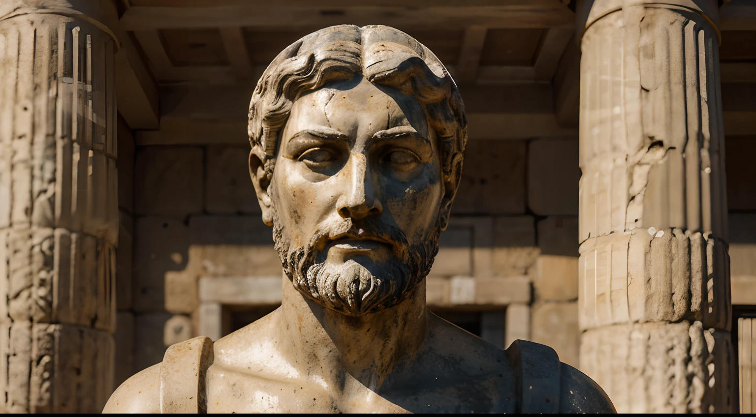 Ancient Stoic Statue With Very Angry Expression, tem barba, muitos detalhes em ambos os olhos, Outside, fundo atenas grego, open sky, com rosto extremamente detalhado full body view, Colors with low saturation with dark tone, Filmado em Sony A7S III com Sony FE 35mm f/1.8, 12.1 MP, --AR 3:2 --estilo cru
