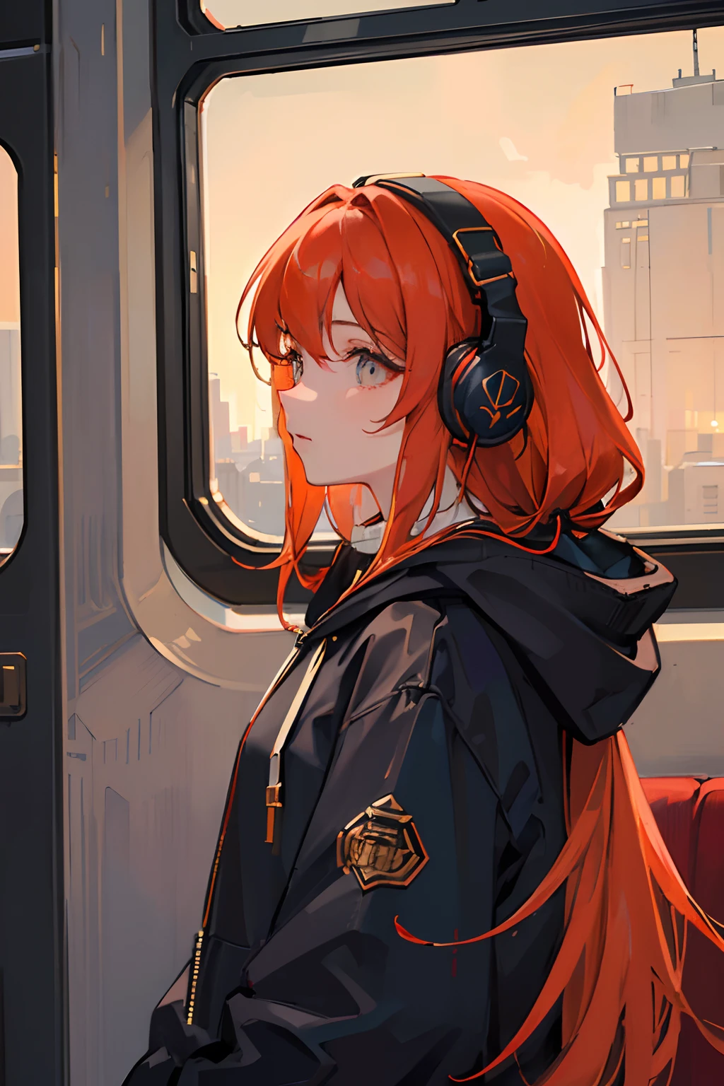 (masterpiece, sidelighting, ultra-detailed, finely detailed beautiful eyes: 1.2), 1girl, bag, building, from side, headphones, hood, hood down, hooded jacket, hoodie, jacket, long hair, orange hair, profile, red hair, solo, train, train interior, upper body, Masterpiece, best quality