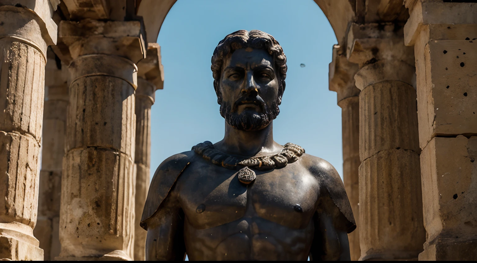 Ancient Stoic Statue With Very Angry Expression, tem barba, muitos detalhes em ambos os olhos, Outside, fundo atenas grego, open sky, com rosto extremamente detalhado full body view, Colors with low saturation with dark tone, Filmado em Sony A7S III com Sony FE 35mm f/1.8, 12.1 MP, --AR 3:2 --estilo cru