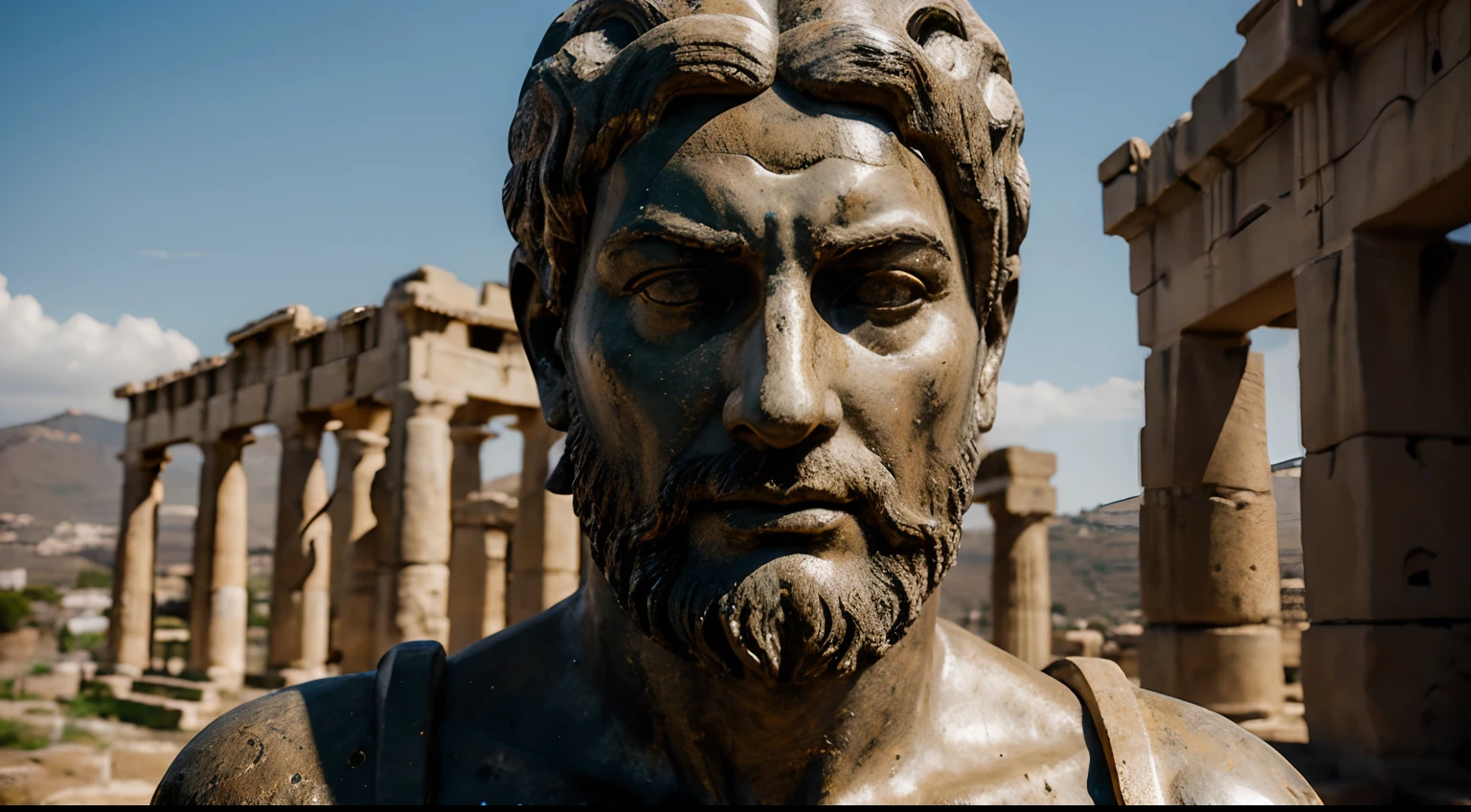 Ancient Stoic Statue With Very Angry Expression, tem barba, muitos detalhes em ambos os olhos, Outside, fundo atenas grego, open sky, com rosto extremamente detalhado full body view, Colors with low saturation with dark tone, Filmado em Sony A7S III com Sony FE 35mm f/1.8, 12.1 MP, --AR 3:2 --estilo cru