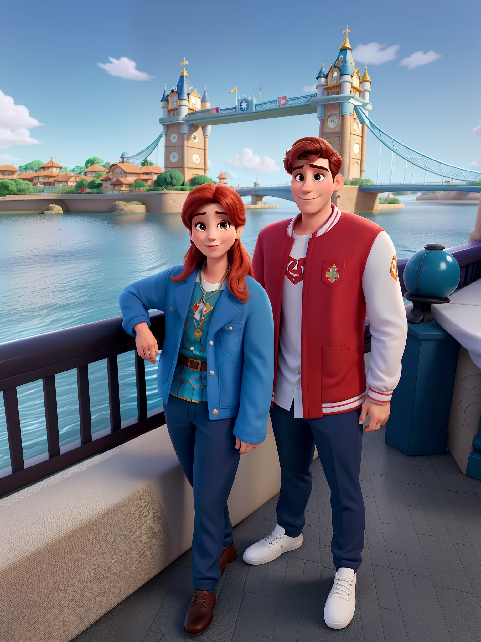 Casal (homem moreno e mulher branca) no estilo Disney Pixar, alta qualidade, melhor qualidade.
