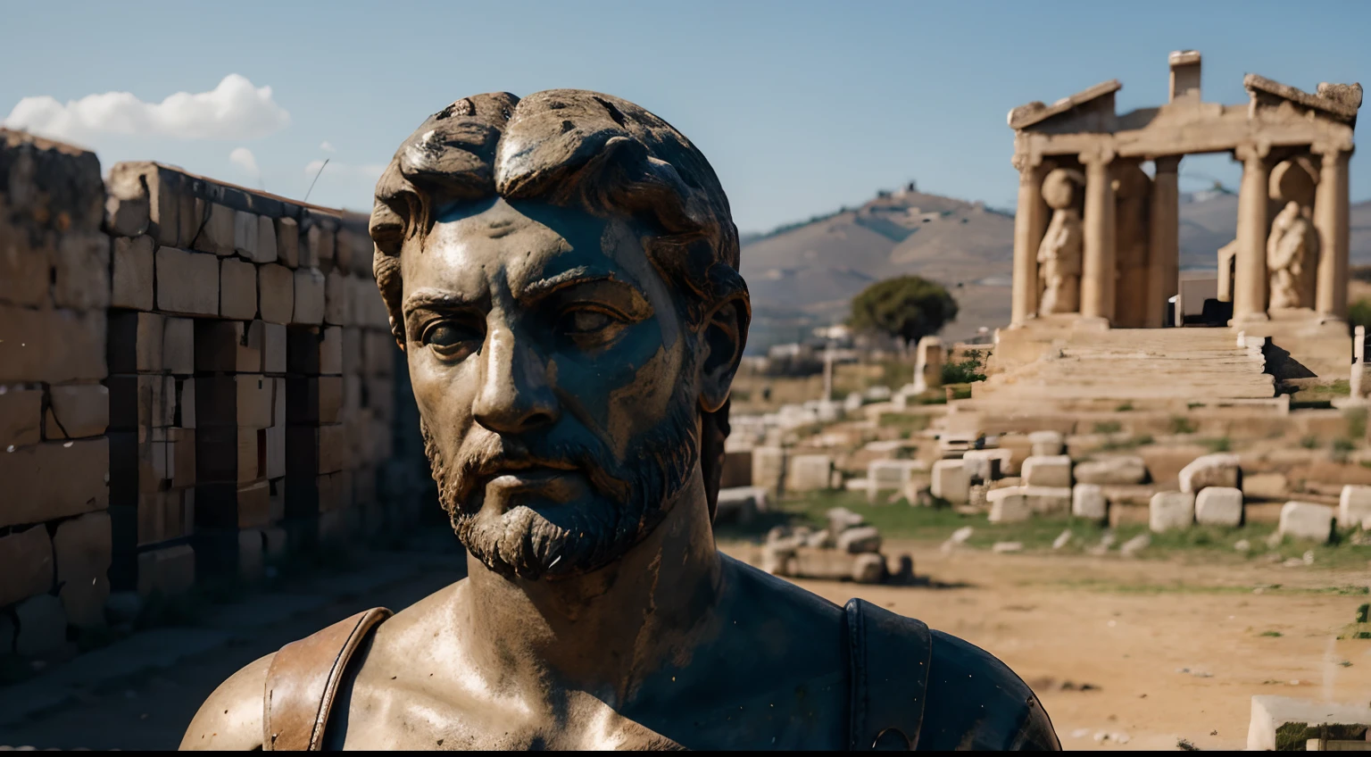 Ancient Stoic Statue With Very Angry Expression, tem barba, muitos detalhes em ambos os olhos, Outside, fundo atenas grego, open sky, com rosto extremamente detalhado full body view, Colors with low saturation with dark tone, Filmado em Sony A7S III com Sony FE 35mm f/1.8, 12.1 MP, --AR 3:2 --estilo cru