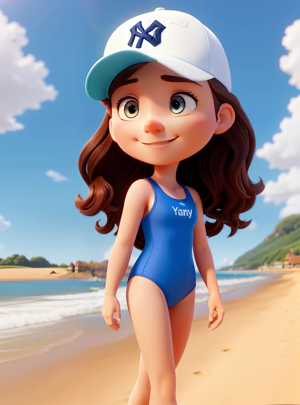 A 30-year-old brunette woman in pixar style illuminated by the morning sun on a quiet beach, Blue sky with white clouds, Yankees Cap,  e um yorkshire, Wearing a white swimsuit. alta qualidade, melhor qualidade