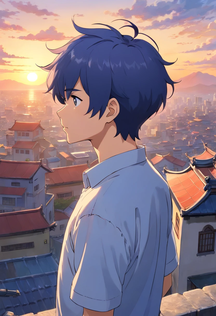 Very short hairstyle, Japanese anime man with short hair, narrow beard on chin, 40 years old, full body, wearing dark blue set-up, white shirt, rooftop of building with sunset view