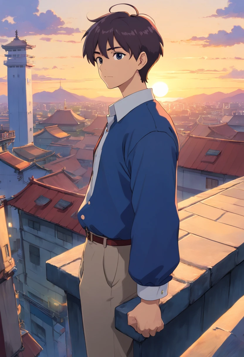Very short hairstyle, Japanese anime man with short hair, narrow beard on chin, 40 years old, full body, wearing dark blue set-up, white shirt, rooftop of building with sunset view