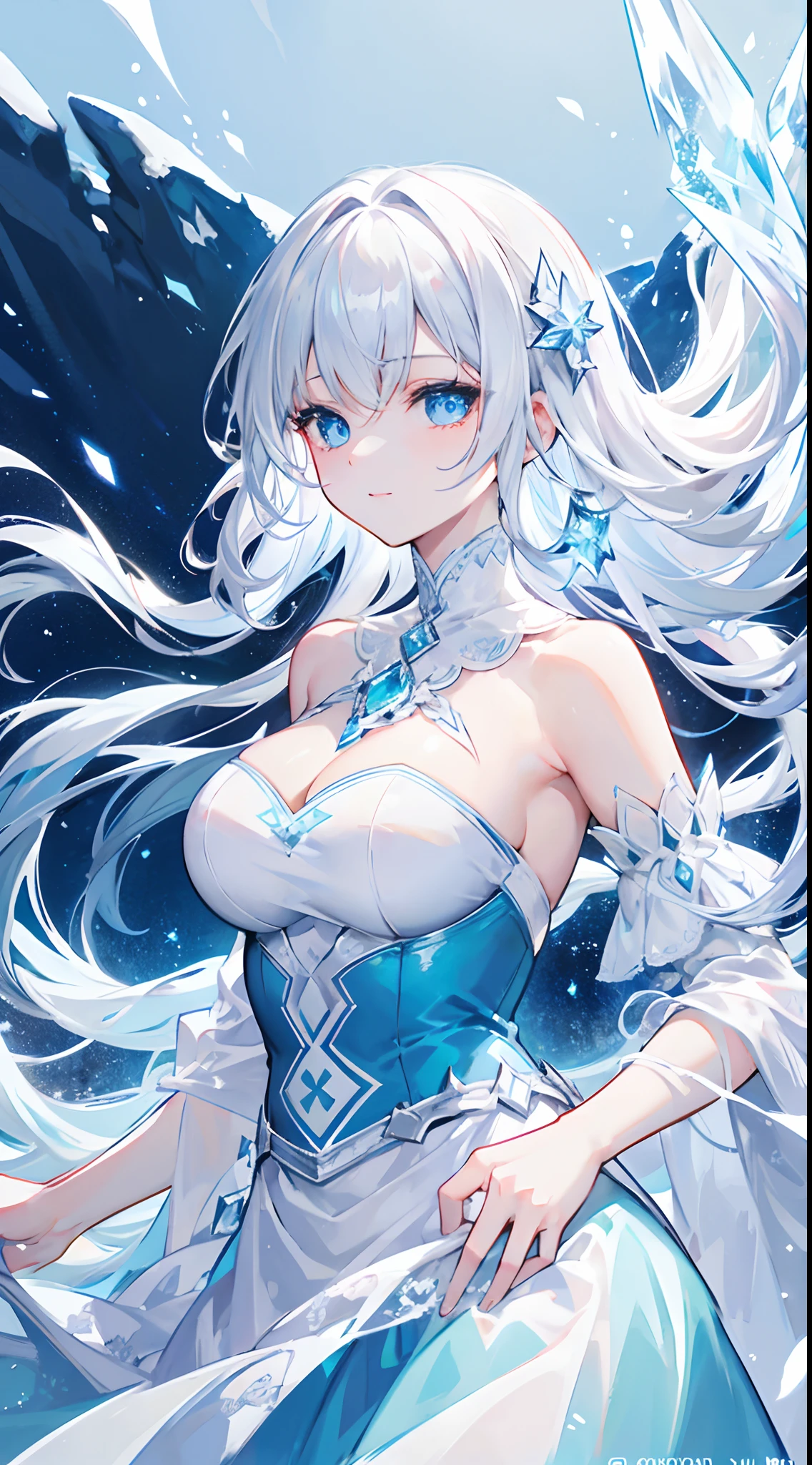 nature，，High cold beauty，But it's especially sticky to the main character，Ice and snow control
Long snow-white hair，Crystal blue eyes，Long blue off-the-shoulder dress，White lace，Hands on the skirt of the hem，light grin，Frozen，ice magic，girl，Medium build