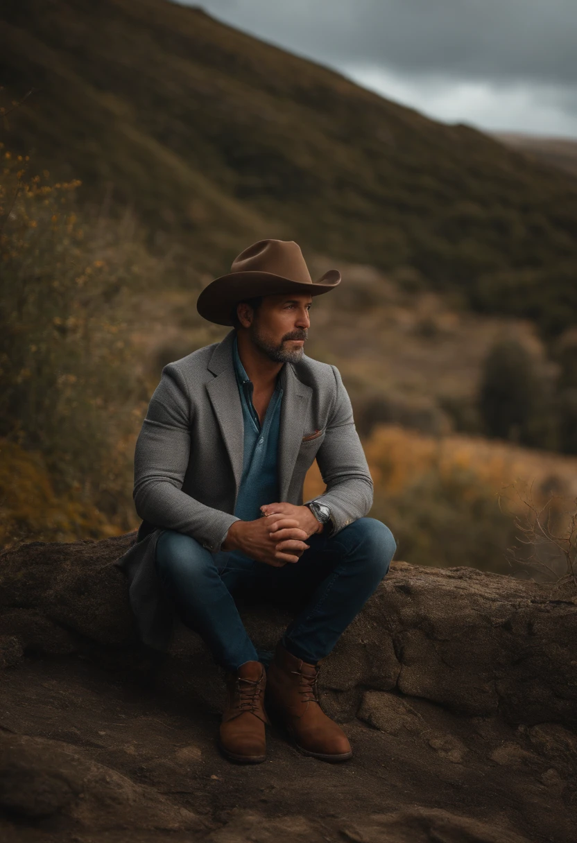 Homem 35 anos, olhos castanhos escuro e rosto triangular, cabelos castanhos levemente ondulado, Wearing an agronomist-style hat, Wearing a grey long sleeve shirt and jeans and ankle boots