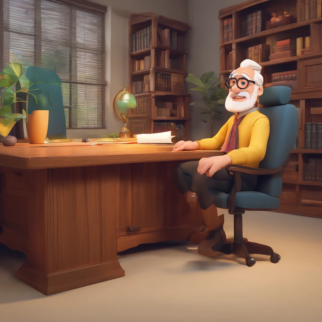 Crie um cartaz inspirado na Disney Pixar com o personagem sendo o pastor Rubens Janier, A gray-haired man wearing glasses, in an office with a Bible on the table
