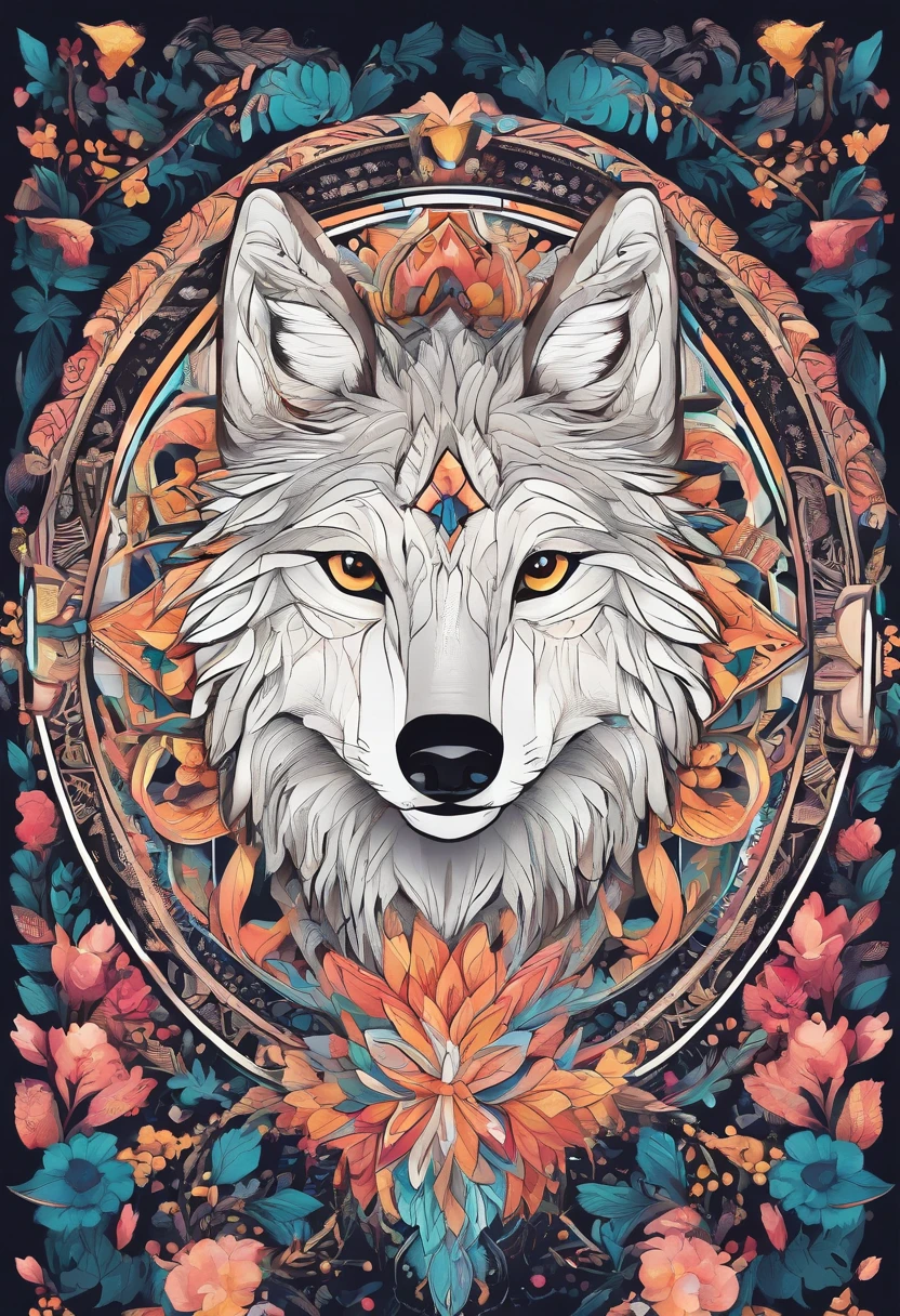 Vivid color painting of simple and cute wolf-based mandala