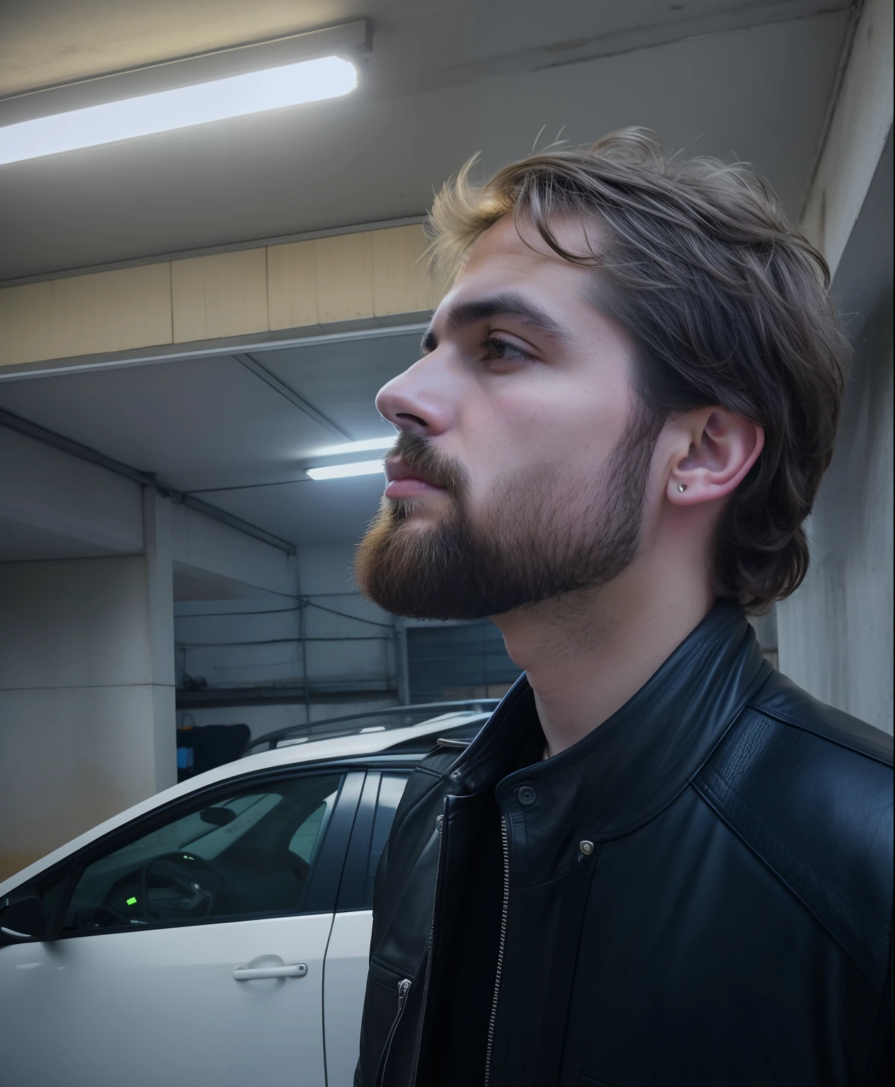 there is a man with a beard and a leather jacket, em frente a uma garagem, costeletas, Retrato tirado 8 K, looking to the side off camera, com barba e jaqueta preta, em um estacionamento, fora no estacionamento, olhar profundo para o lado, Looking away from the camera, Retrato de um homem cyberpunk, olhando para o lado dele