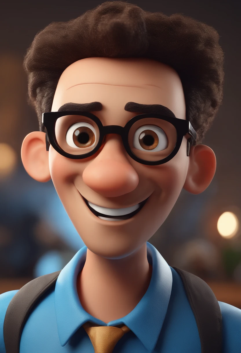 Cartoon character of a man with black glasses and a blue shirt, animation character, Caractere estilizado, animation style rendering, 3D estilizado, Arnold Maya render, 3 d render stylized, toon render keyshot, Personagem 3D, Personagem 3D, 3d rendering stylized, 3 d character render, personagem de desenho animado, Personagem de close up, Pose de personagem, (Estilo Pixar) (master part:1.2) (Bokeh) (best quality) (pele detalhada) (textura detalhada) (8k) (argila) (Cinematic lighting) (foco nítido
