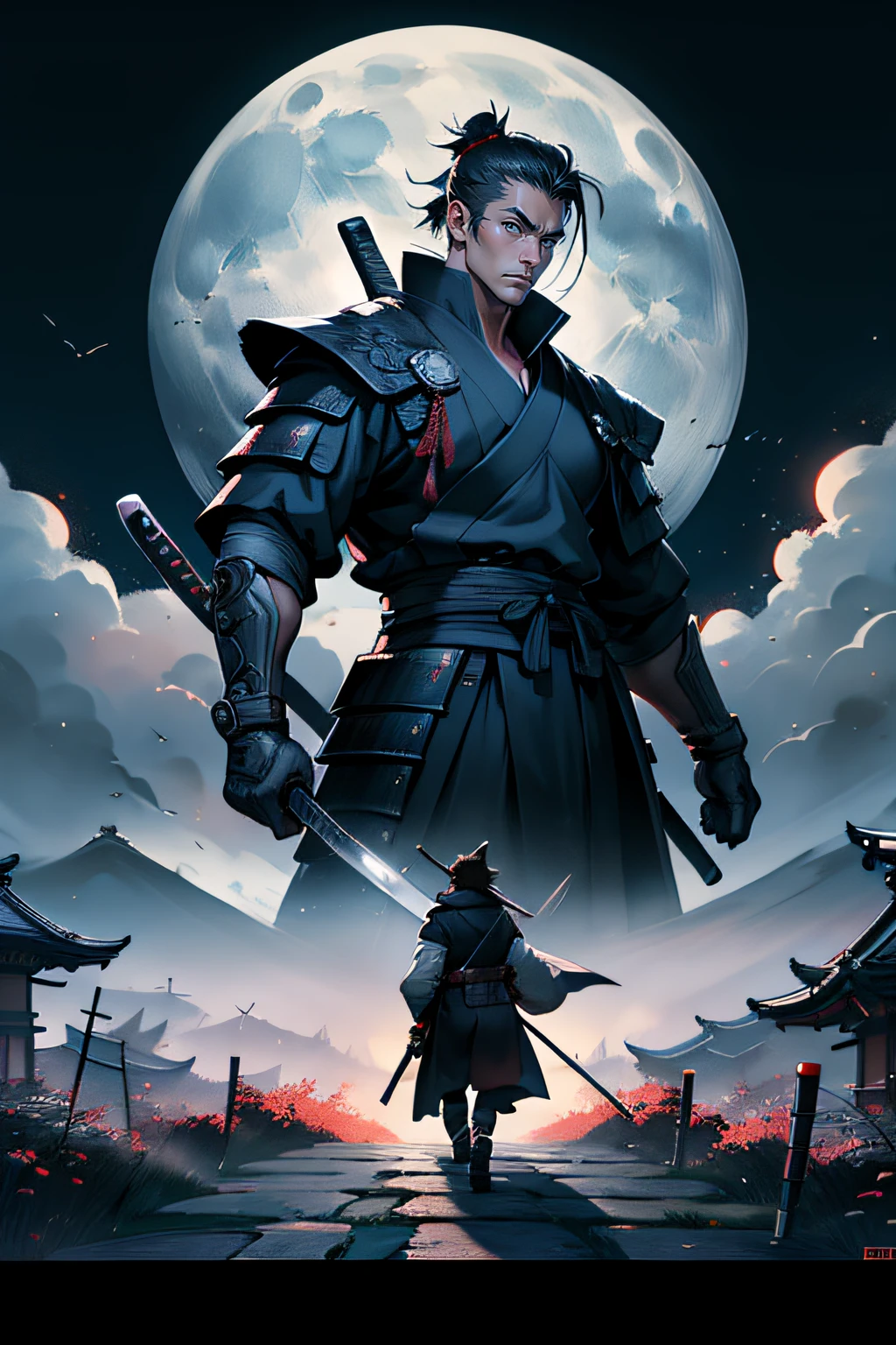 (Masterpiece, Best Quality), 8k Wallpaper, highly detailed, ronin, samurai, katana, japan, night, moonlight, vector style art.