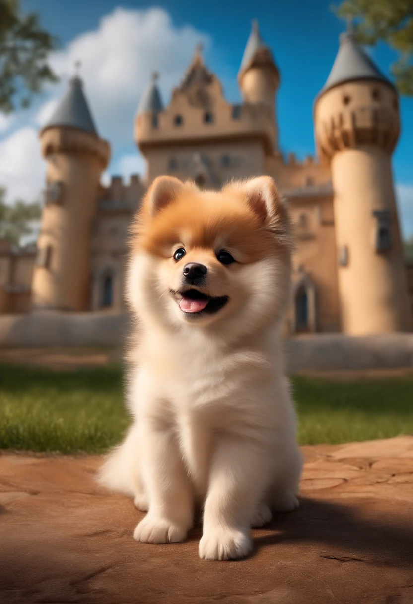 (best quality,4k,8k,Altas,master part:1.2),ultra-detalhado,(Realistic,fotorrealista,photo-realistic:1.37),Cartaz animado da Disney,German Spitz,Adorable puppy,Races,pele cor de caramelo,corpo peludo,grandes olhos negros,playful expression,patas para cima,Pulando por um campo de flores coloridas,linhas de movimento,Trilha dos Brilhos,Fantastic background with a vibrant castle,Floresta Encantada,Blue sky with fluffy white clouds,magic lighting,luz solar suave,atmosfera de conto de fadas,Face expressiva,pinceladas precisas,lindamente ilustrado,vivid colors,Unique Textured Style,Classic Disney animation style