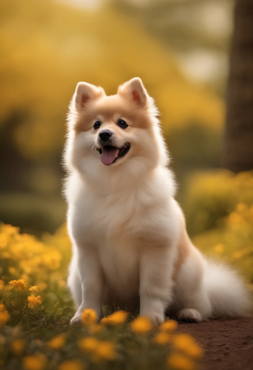 (best quality,4k,8k,Altas,master part:1.2),ultra-detalhado,(Realistic,fotorrealista,photo-realistic:1.37),Cartaz animado da Disney,German Spitz,Adorable puppy,Races,pele cor de caramelo,corpo peludo,grandes olhos negros,playful expression,patas para cima,Pulando por um campo de flores coloridas,linhas de movimento,Trilha dos Brilhos,Fantastic background with a vibrant castle,Floresta Encantada,Blue sky with fluffy white clouds,magic lighting,luz solar suave,atmosfera de conto de fadas,Face expressiva,pinceladas precisas,lindamente ilustrado,vivid colors,Unique Textured Style,Classic Disney animation style