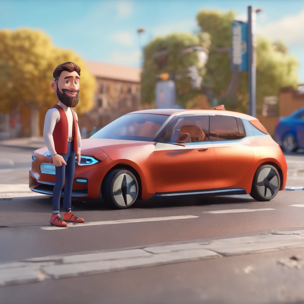 Thin white man with brown hair with small topknot, miniature low beard with big nose, brown eyes, water sales manager with his red t-shirt leaning against his car BMW model 320 year 20221 on the side of the road in Disney' pixar format