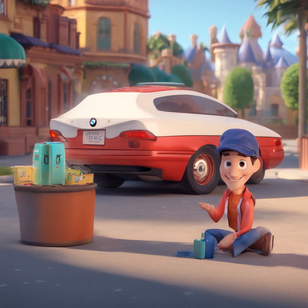 Thin white man with brown hair with small topknot, miniature low beard with big nose, brown eyes, water sales manager with his red t-shirt leaning against his car BMW model 320 year 20221 on the side of the road in Disney' pixar format