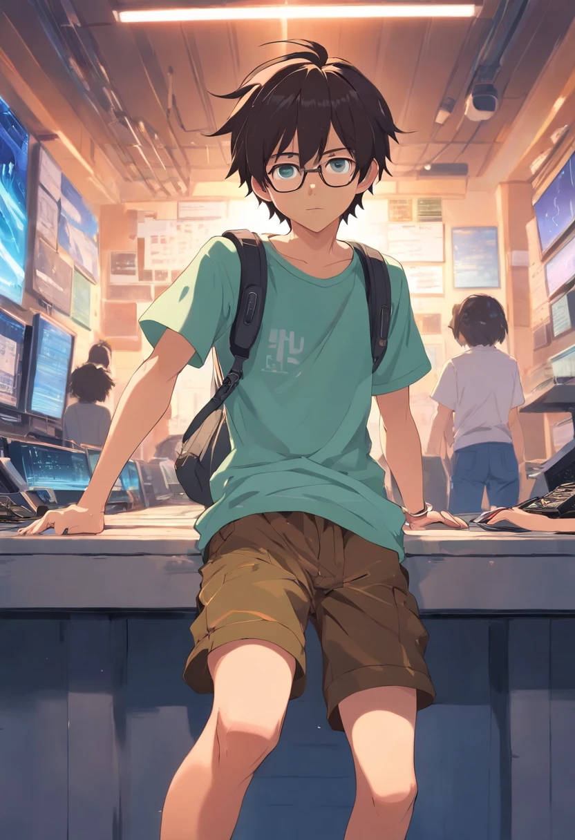 Boy , black, thin, short dreadlock style hair, prescription glasses, upset face, t-shirt and shorts wearing headphones