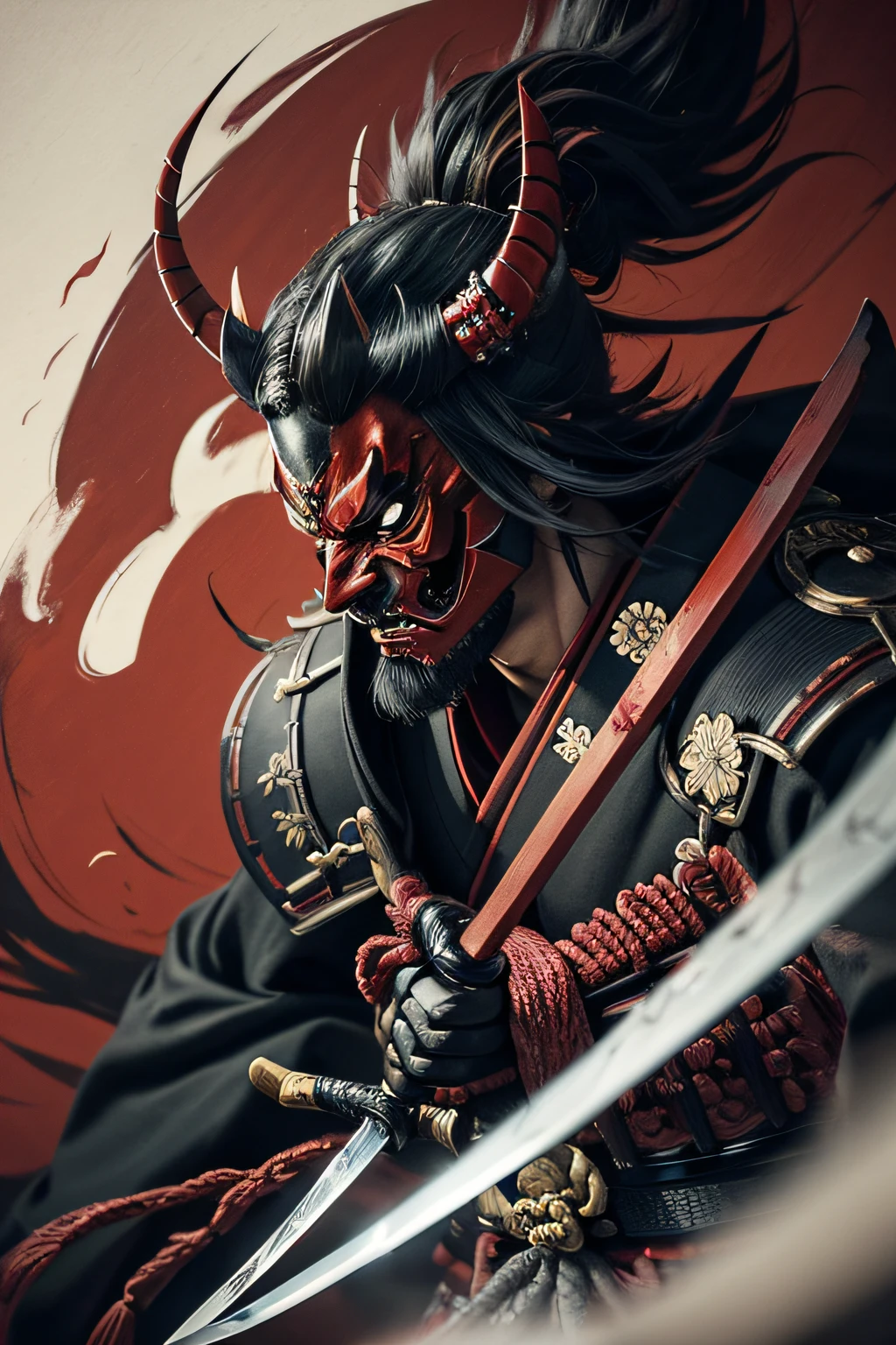 (demon samurai)、(Wearing a demon mask)、独奏、Like the whole body、(Armed with a long sharp knife)、magnificent artwork、((Kyoto Panel Painting Style))、Wind-effect:1.9、Cloud Effects:1.2、Full Rendering、Encaustic Painting