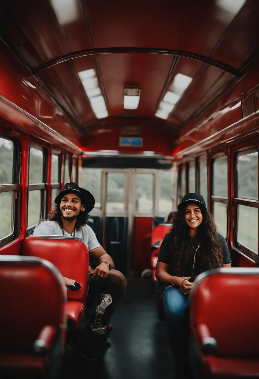 There is a long-haired boy wearing a black cap with a red brim and a girl with a dreamcatcher's necklace who are sitting together in a train car, Kauã Lopes and Glaucia Lopes, both smiling for the camera, Foto tirada em 2018, Fotografia tirada em 2 0 2 0, in a train carriage, uma imagem, Assumido em Go Pro Hero8, Scandy e Arender