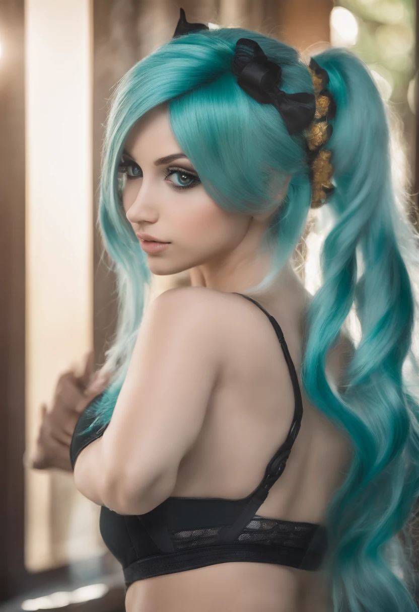 (master part), (best quality), altamente detalhado, HDR, 1girl, foco solo, dentadura da pele,sports bra，shorts curtos，panthyhose， rosto perfeito, Cara inchada, beautiful face, olhos grandes, olhos inchados, olhos perfeitos, chicote，Hatsune Miku，Rosto extremamente detalhado，