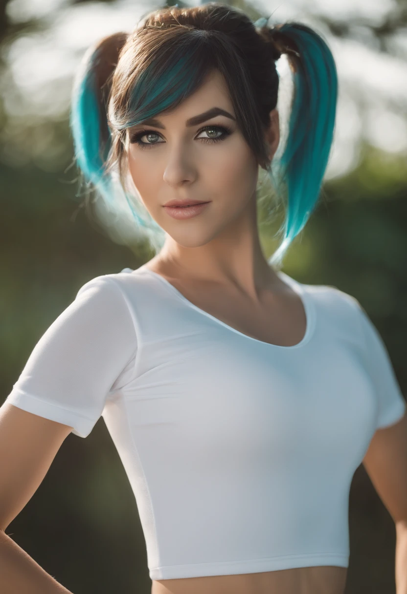 (master part), (best quality), altamente detalhado, HDR, 1girl, foco solo, dentadura da pele,sports bra，shorts curtos，panthyhose， rosto perfeito, Cara inchada, beautiful face, olhos grandes, olhos inchados, olhos perfeitos, chicote，Hatsune Miku，Rosto extremamente detalhado，