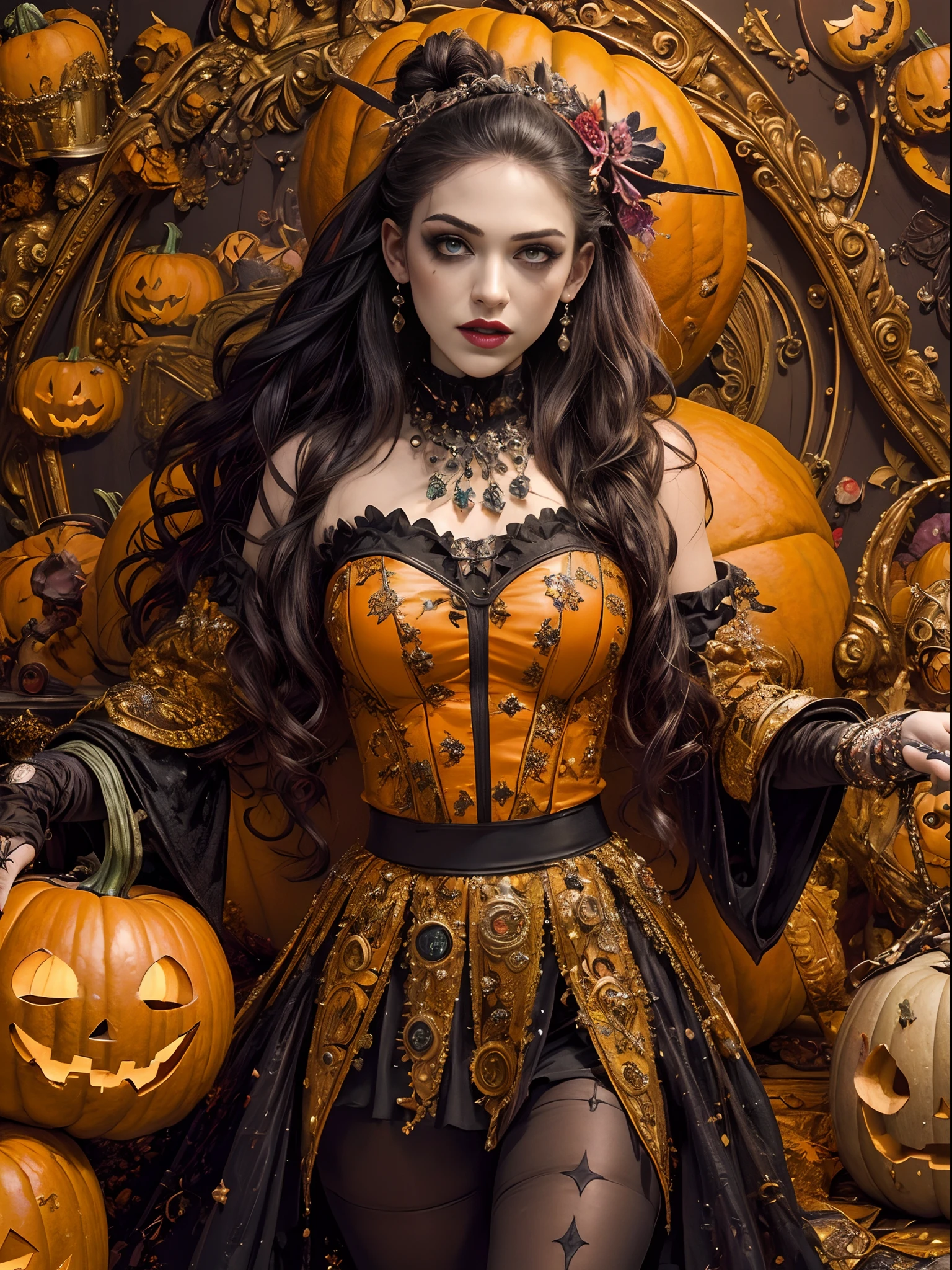 (masterpiece, top quality, best quality, official art, beautiful and aesthetic:1.8), (1girl:1.3), extremely detailed, (colorful:1.5), (20 years old), ((lots of halloween pumpkins around)), highest detailed,(zentangle:1.3), full body, (cloud halloween background), (shiny skin), (lots of halloween pumpkins), (super detailed anatomi), (super detailed face), (Halloween theme), (pumpkin skin skirt), (pumpkin skin), (pumpkin skin clothes), (into the big pumpkin), (scary joker beauty makeover), (beauty face), (((most unique costume))), (dark lighting),