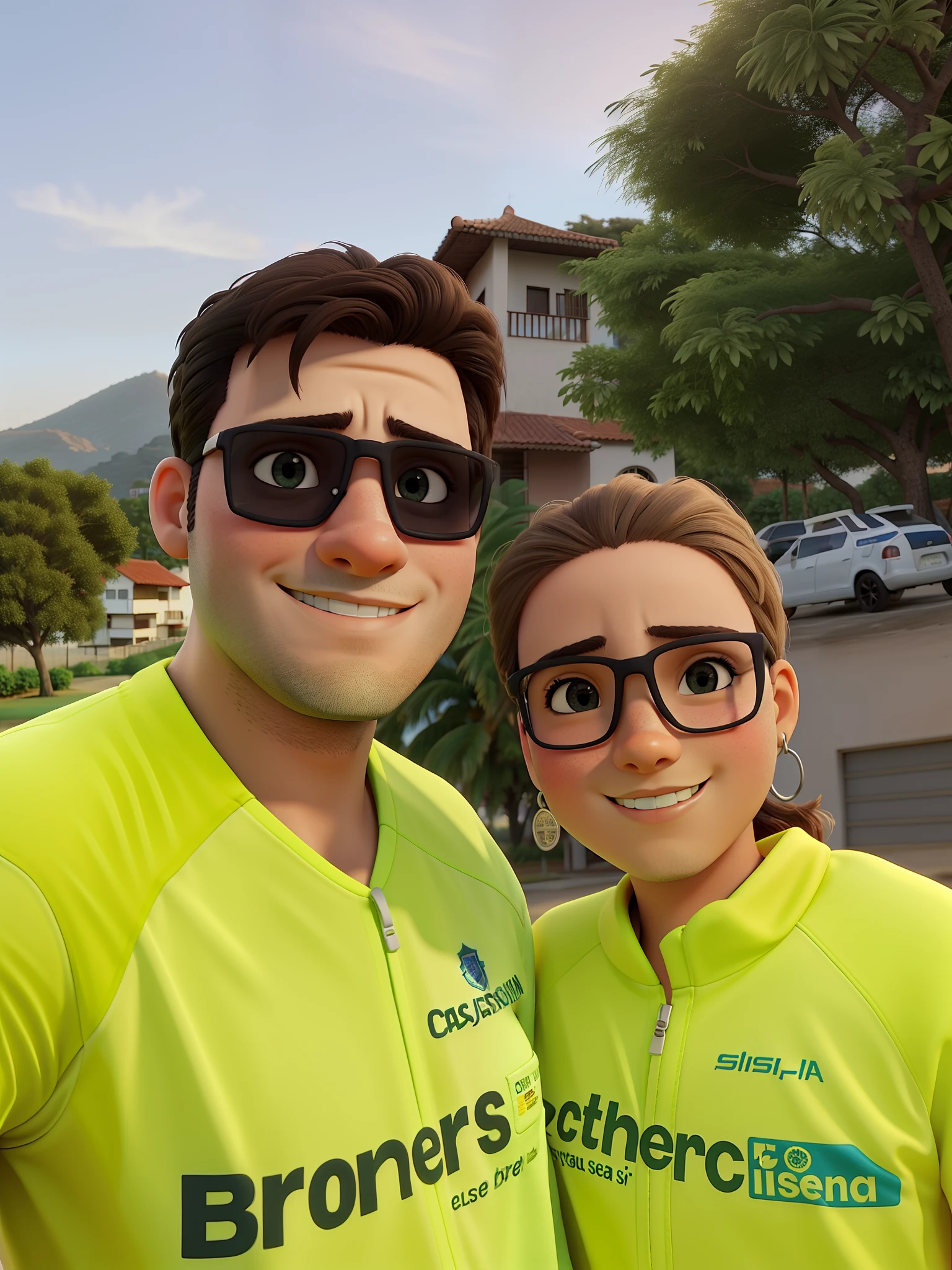 Casal. Na frente, por do sol ao fundo campo com bicicletas