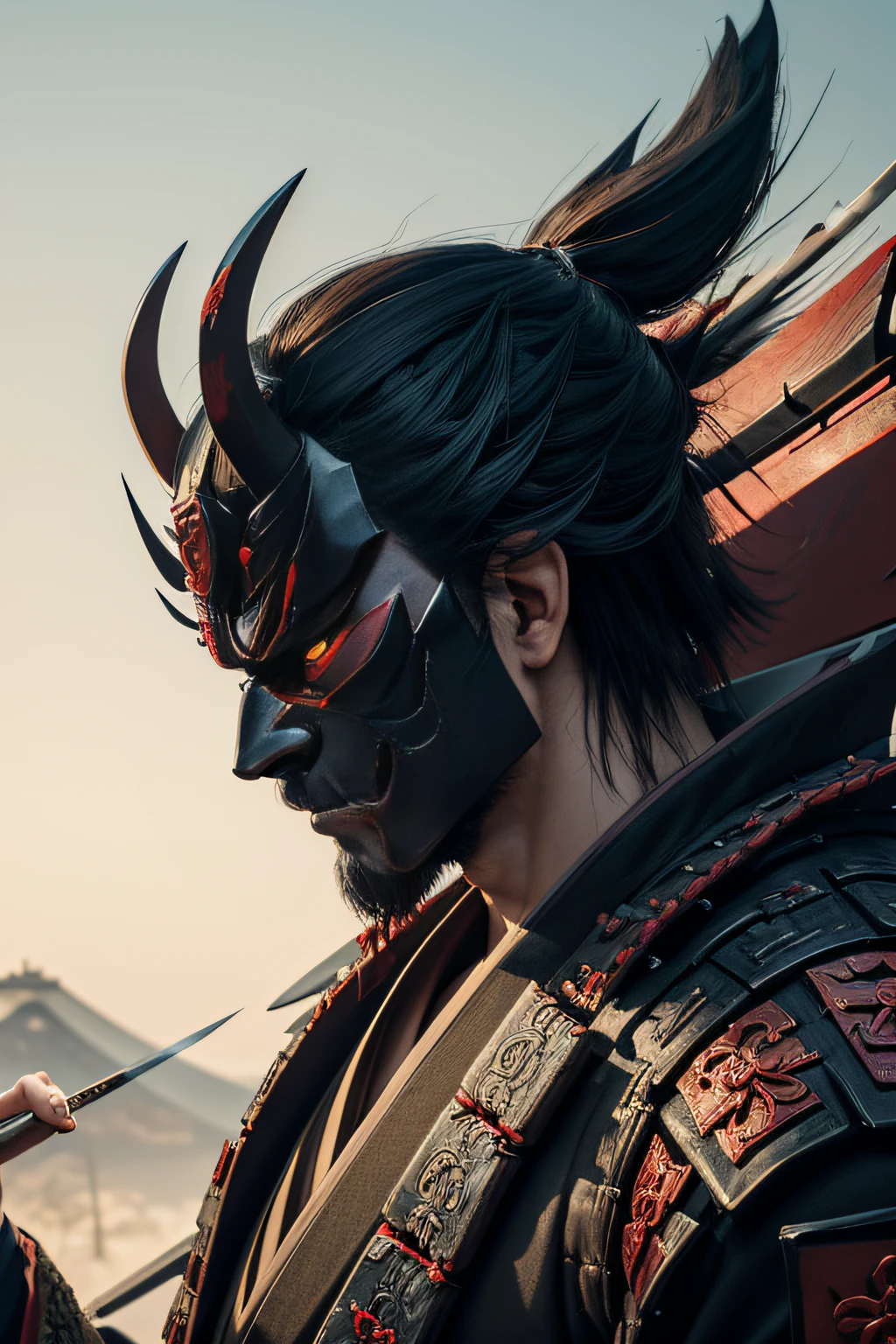(demon samurai)、(Wearing a demon mask)、独奏、Like the whole body、(Armed with a long sharp knife)、magnificent artwork、((Kyoto Panel Painting Style))、Wind-effect:1.9、Cloud Effects:1.2、Full Rendering、Encaustic Painting,unrealengine,facing front