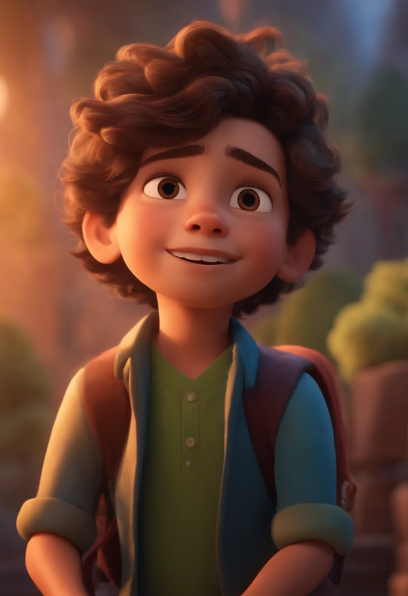 Image of a boy for a story in a YouTube video in Pixar format, He's big, He's the class leader, He's outgoing, Playful and gets up for a lot of things, cabelo curto ondulado escuro, olhos castanhos escuros
