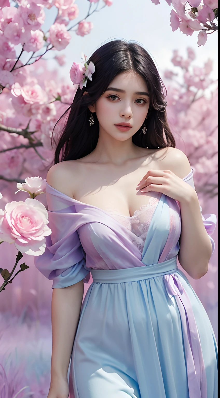 1girl,flower, Lisianthus ,in the style of light pink and light azure, dreamy and romantic compositions, pale pink, ethereal foliage, playful arrangements,fantasy, high contrast, ink strokes, explosions, over exposure, purple and red tone impression , abstract, ((watercolor painting by John Berkey and Jeremy Mann )) brush strokes, negative space, (Raveena Tandon), fully covered big perky breast, purple gown