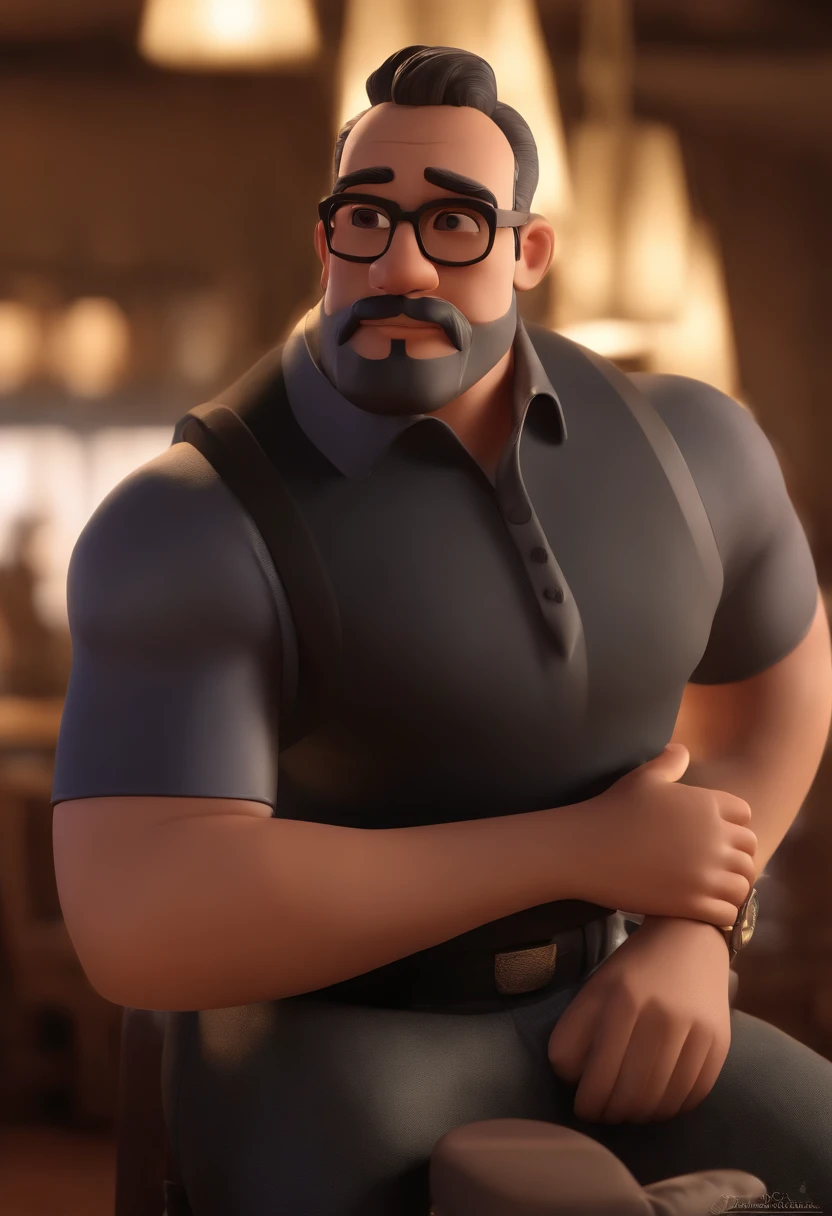 Cartoon character of a man with black glasses and a black polo shirt, cabelo grisalho, With beard and old school tattoo on his arm, animation character, Caractere estilizado, animation style rendering, 3D estilizado, Arnold Maya render, 3d stylized rendering, toon render keyshot, Personagem 3D, Personagem 3D, 3d rendering stylized, 3 d character render, personagem de desenho animado, Personagem de close up, Pose de personagem,  (Estilo Pixar) (master part:1.2) (Bokeh) (best quality) (pele detalhada) (textura detalhada) (8k) (argila) (Cinematic lighting) (foco nítido