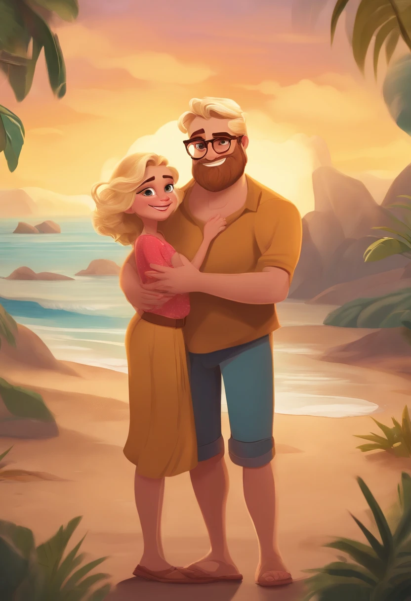 mulher loira de cabelos compridos loiros, com filho menino de 4 anos anos de olhos azuis usando oculos, And blond man with blond beard hugged like family Disney cartoon