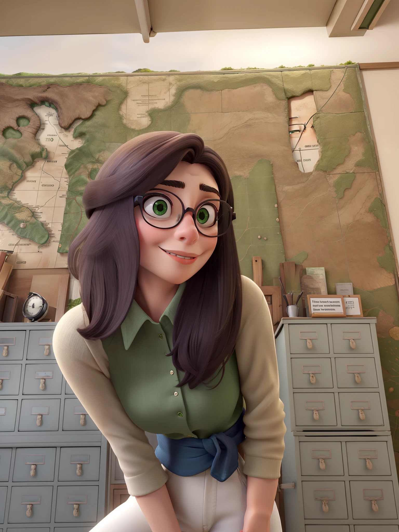 Woman standing a little bent forward, cabelo liso e escuro com franja, Green eyes and wearing glasses